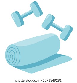 Yoga mat and fitness dumbbells. Blue color, vector illustrations. Sport and wellness