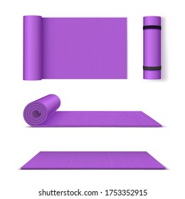 Yoga mat for fitness and exercise set. Professional yoga sport equipment. Vector yoga mat realistic illustration isolated on white background