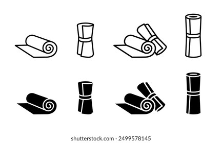 Yoga mat icon. Rolled camping carpet vector illustration. Tourist pad symbol. Mat for home exercises sign. Pilates mattress pictogram isolated.