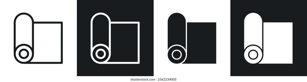 Yoga mat icons pack in black and white filled and outlined versions.
