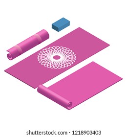 Yoga mat rolled and open and yoga block in pink color vector illustration EPS10