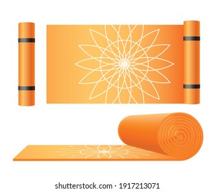 Yoga mat. Rolled and open sport equipment for training, fit, pilates exercise or relaxation, decorated in oriental style mattress. Vector realistic 3d isolated illustrations.