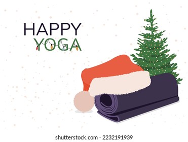 Yoga mat, Santa hat and Christmas tree. Yoga greeting card concept with Christmas and New Year. Copy space. Vector illustration. EPS 10