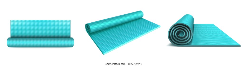 Yoga mat top, angle and side view, blue rolled mattress for fitness exercises, stretching, meditation, sports workout on floor, flat aerobics rug isolated on white. Realistic 3d vector illustration