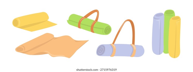 Ilustración vectorial de la estera de la yoga fijada en un fondo blanco. Equipamiento deportivo y de fitness, concepto de un estilo de vida saludable.