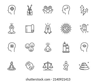 Yoga meditate mind relax vector line icon set. Relax yoga zen self balance health meditate pictogram illustration