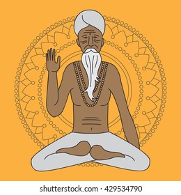 yoga meditating sadhu, logo asia hinduism monk, india religious guru man character, mandala