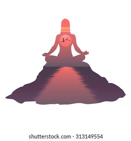 yoga, meditating woman, vector woman relaxing at sunset, girl on a background of sunrise.