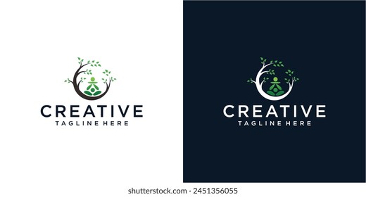 Yoga meditation with abstract tree logo design template.