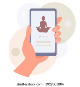 Yoga and Meditation App. Smartphone with yoga application on the screen and hand holding  mobile. Mobile App Page, Onboard Screen Set for Website. Vector illustration, abstract background