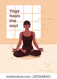 Yoga meditation. Black woman with short dark hair sitting in lotus poses. Yoga studio minimalistic interior. Warm color vector illustration.