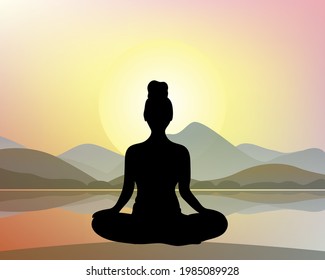 Yoga, meditation concept, health benefits of body, mind and emotions, woman in lotus position on background of sunrise and mountain landscape. trendy flat style. vector illustration.