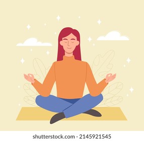Yoga and Meditation concept. Smiling woman sits in lotus position, cleanses her mind and relaxes. Mental health and psychological balance. Healthy lifestyle or sports. Cartoon flat vector illustration