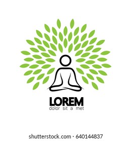 yoga and meditation concept vector logo with person seated. this also represents person awakening his spirituality, awareness, becoming balanced, tranquil, practicing mindfulness