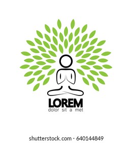 yoga and meditation concept vector logo with person in namaste pose. this also represents person practicing mindfulness with leaves around him representing expanding awareness
