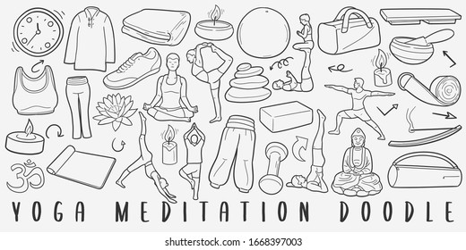 Yoga and Meditation Doodle Line Art Illustration. Hand Drawn Vector Clip Art. Banner Set Logos.