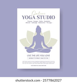 Yoga and Meditation editable print flyer or poster vertical template with yoga girl illustration background, Yoga leaflet, yoga brochure cover template