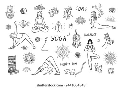 Yoga meditation elements vector illustrations set.