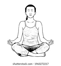 Yoga Meditation With Engraving Style Vector Illustration