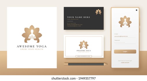 Yoga meditation in flower shape logo and business card design