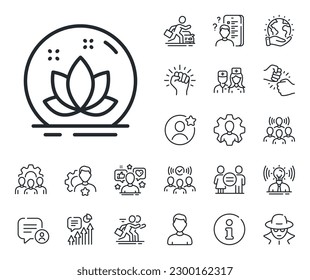 Yoga meditation flower sign. Specialist, doctor and job competition outline icons. Lotus line icon. Mind relax and peace symbol. Lotus line sign. Avatar placeholder, spy headshot icon. Vector