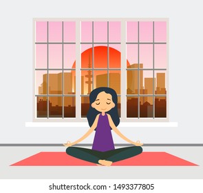 Yoga, meditation, a girl in the lotus position on the background of the view from the window at sunrise of the sun in the city. Vector illustration in trendy flat design.