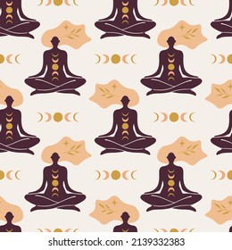 Yoga meditation girl meditating woman vector seamless pattern