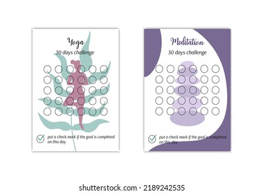 Yoga and meditation habits tracker templates set. Personal 30 days challenge. Healthy lifestyle habit tracker blanks. Vector illustration of paper worksheet for marking success in month