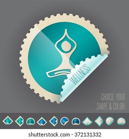 yoga or meditation, health, leasure and wellness theme icon placed in realistic stamp shape label illustration