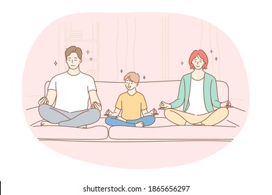 Yoga, meditation, healthy active sport lifestyle concept. Happy smiling family with small son sitting together on sofa in lotus position, practicing yoga, relaxing and meditating at home illustration