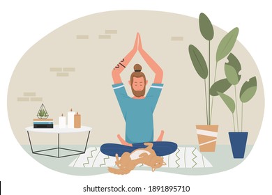 Yoga meditation at home vector illustration. Cartoon young man yogist character sitting in lotus position, meditating, practicing tranquility and zen, domestic cat pet lying around isolated on white