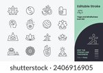 Yoga and Meditation Icon collection containing 16 editable stroke icons. Perfect for logos, stats and infographics. Edit the thickness of the line in any vector capable app.
