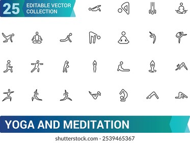 Yoga And Meditation icon collection. Related to relaxation, mindfulness, breathing, poses, fitness, health, spiritual, balance, and more. Editable stroke. Vector illustration.