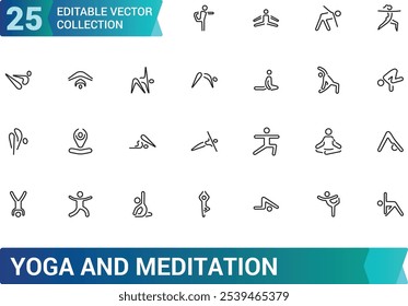 Yoga And Meditation icon collection. Related to relaxation, mindfulness, breathing, poses, fitness, health, spiritual, balance, and more. Editable stroke. Vector illustration.