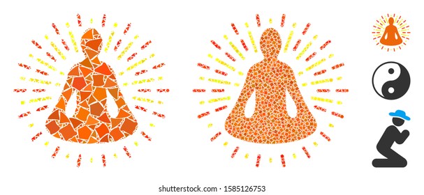 Yoga meditation icon composition of humpy elements in different sizes and shades, based on yoga meditation icon. Vector ragged elements are composed into collage.