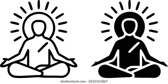 Yoga Meditation Icon with Radiating Halo – Black and White Mindfulness Sitting Pose Vector for Spiritual Wellness
