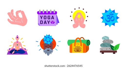 Yoga e meditação ícone conjunto. Coleção de elementos coloridos espirituais como asanas, chakras, símbolo om, guru e acessórios de ioga. Atenção plena e símbolo de equilíbrio. Sinal de harmonia. Pictograma de paz interior.
