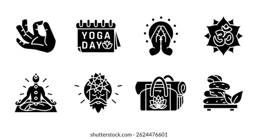 Yoga e meditação ícone conjunto. Coleção de elementos de glifo espiritual como asanas, chakras, símbolo om, guru e acessórios de ioga. Atenção plena e símbolo de equilíbrio. Sinal de harmonia. Pictograma de paz interior.