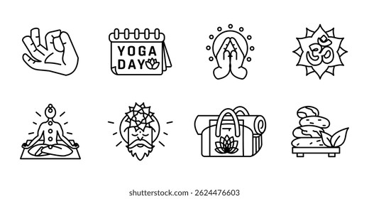 Yoga e meditação ícone conjunto. Coleção de elementos do esboço espiritual como asanas, chakras, símbolo om, guru e acessórios de ioga. Atenção plena e símbolo de equilíbrio. Sinal de harmonia. Pictograma de paz interior.