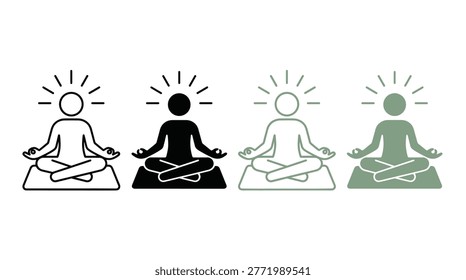 Yoga and meditation icon set in flat vector style for mindfulness, wellness, relaxation, inner peace, and mental health.