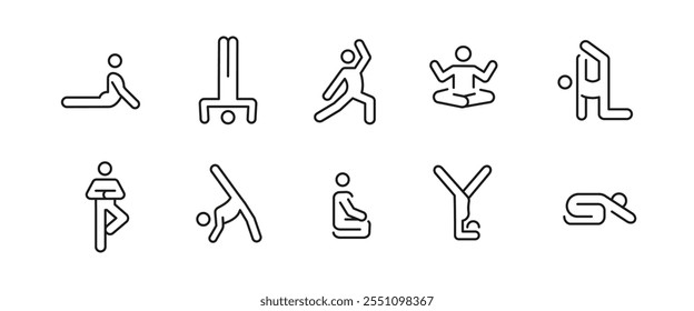 Yoga and meditation icons. 10 of yoga and meditation trendy minimal icons. Yoga Pose, Meditation, Stretching icon. Design signs for web page, mobile app, packaging design. Vector illustration