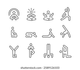 Yoga and meditation icons. 12 of yoga and meditation trendy minimal icons. Yoga Pose, Meditation, Stretching icon. Design signs for web page, mobile app, packaging design. Vector illustration