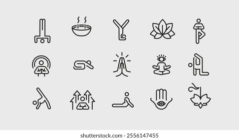 Yoga and meditation icons. 15 of yoga and meditation trendy minimal icons. Yoga Pose, Meditation, Stretching icon. Design signs for web page, mobile app, packaging design. Vector illustration