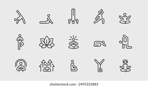 Yoga und Meditation Icons. Großes Set von Yoga und Meditation trendige Minimal-Icons. Yoga Pose, Meditation, Stretching-Ikone. Designschilder für Web-Seite, mobile App, Verpackungsdesign. Vektorillustration