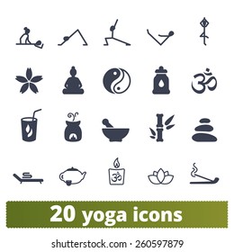 Yoga and meditation icons: vector set of wellness exercise, stretching people and zen signs.