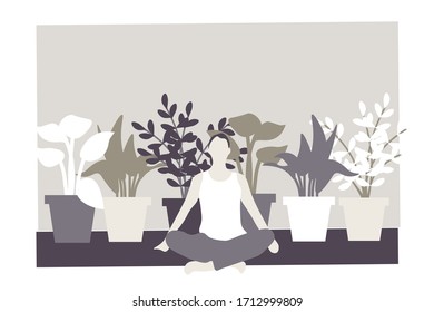 Yoga meditation illustration. Exercise, spiritual practice, houseplants in background. Vector illustration. EPS 10.