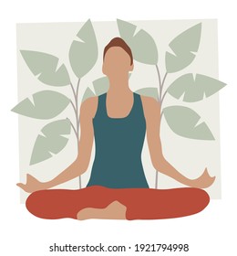 Yoga meditation illustration. Exercise, spiritual practice, houseplants in background. Vector illustration. EPS 10.