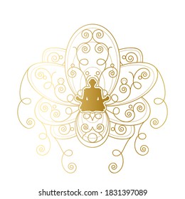 Yoga and Meditation Label Design, Female Silhouette in Golden Lotus Pose Template. Beauty Salon or Relaxation Spa Center Emblem or Branding Element Vector Illustration