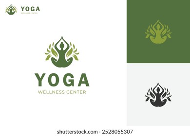 yoga meditation with leaf logo icon design. green leaf growing logo design for wellness center and health life logo template. vector illustration