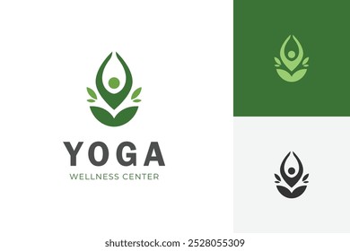 yoga meditation with leaf logo icon design. green leaf growing logo design for wellness center and health life logo template. vector illustration